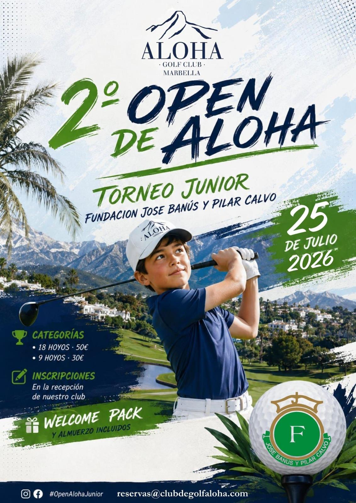 Cartel del 2.º Open de Aloha · Torneo Junior: un niño con gorra de Aloha completando su swing sobre el campo de golf de Marbella.